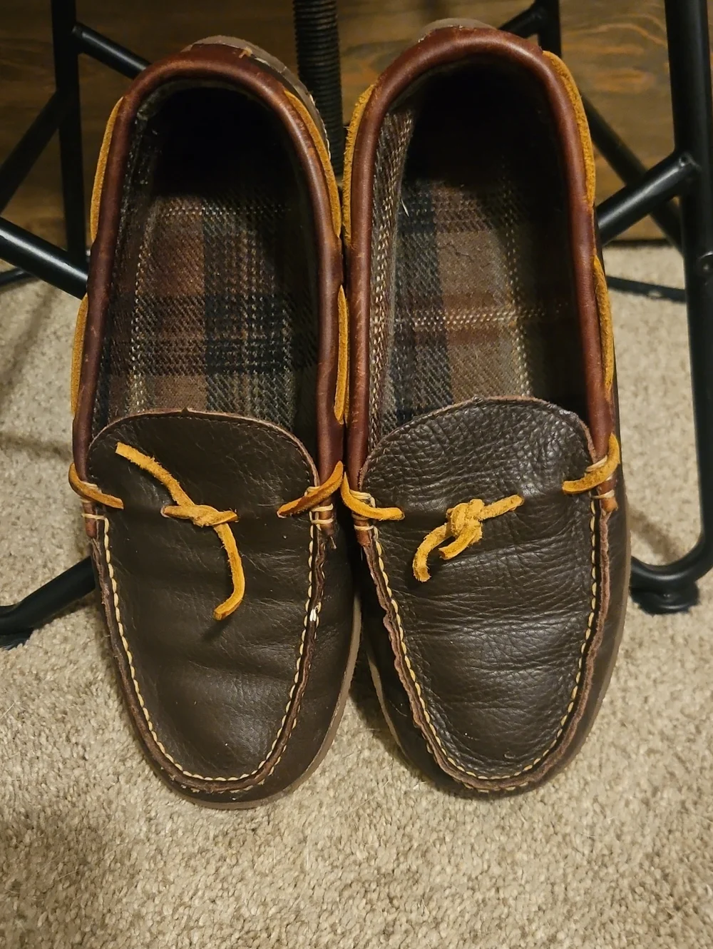 LL Bean Men's Brown Leather Moccasin Loafers with Tan Laces